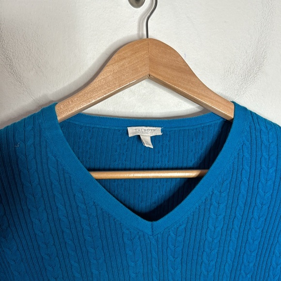 Talbots Outlet Azure Blue Cotton V-Neck Cable Knit Sweater Size S petite - Picture 4 of 9